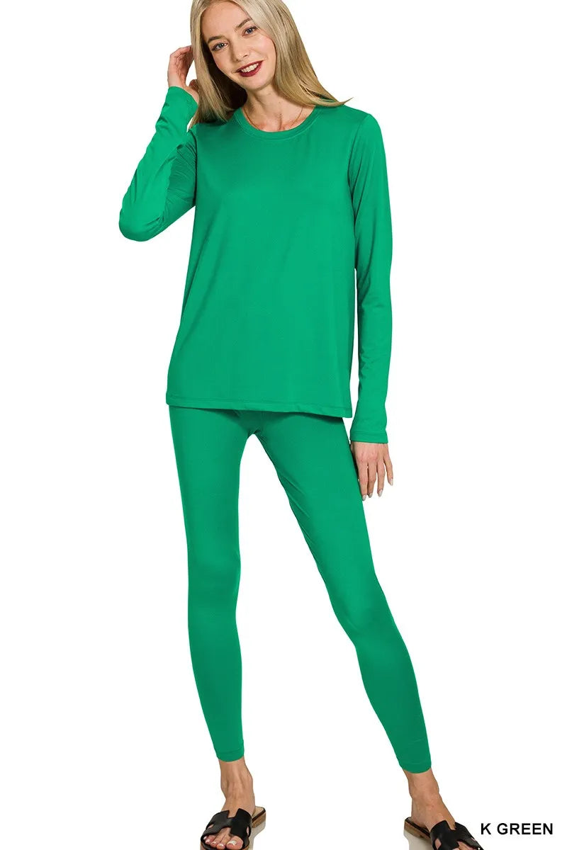 women's pants: zenana microfiber round neck top and leggings set | d shown as women’s outerwear