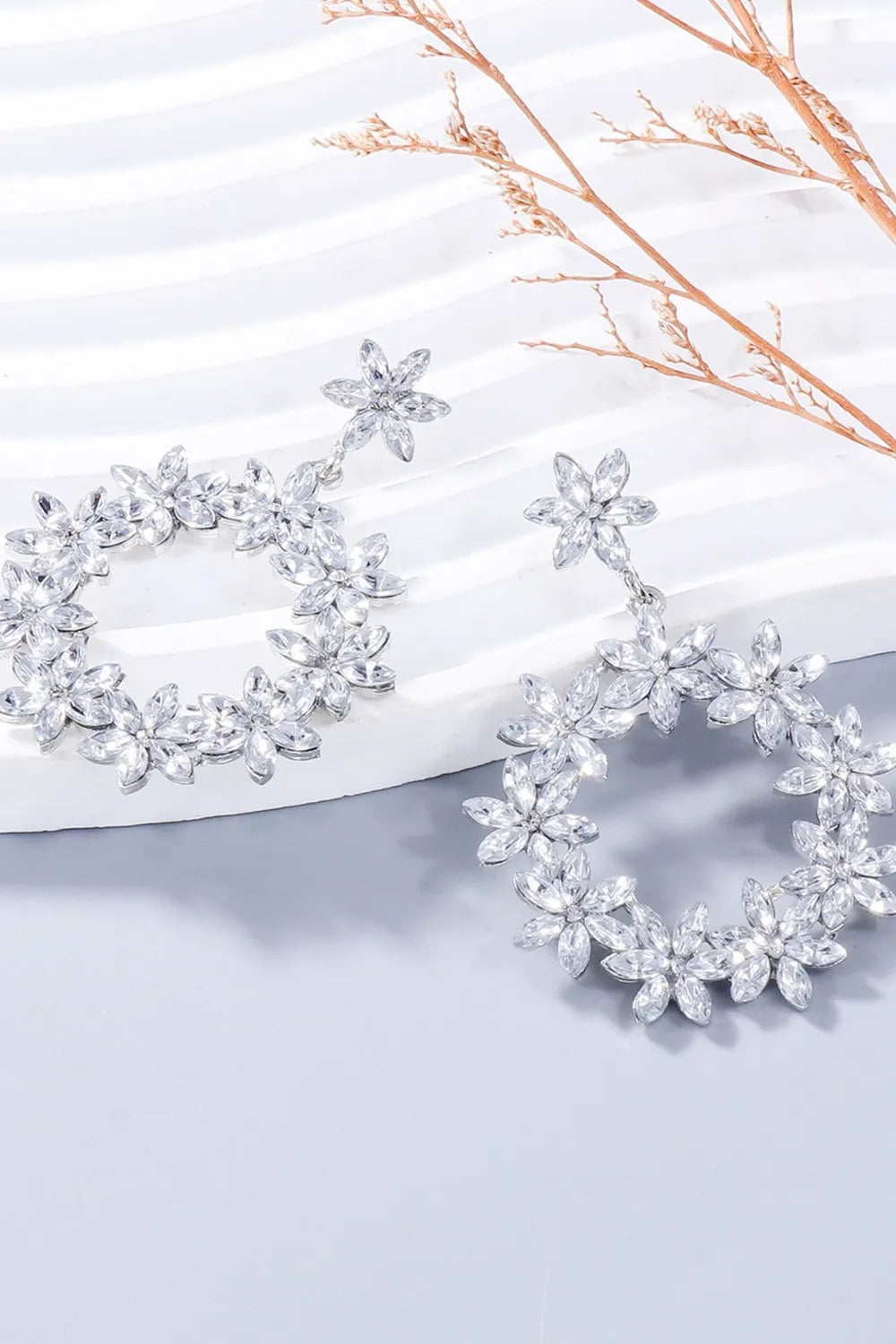 Rhinestone Flower Dangle Earrings Silver One Size