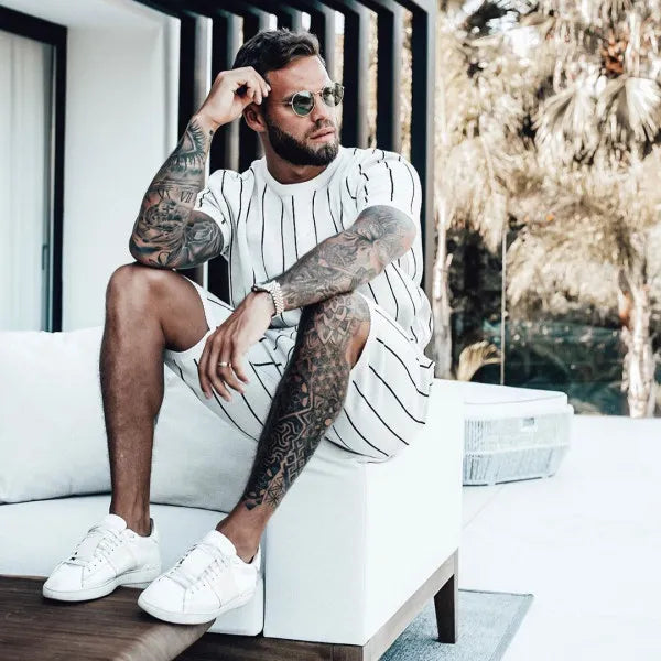 men's men's full size striped casual top and shorts summer set plus size - additional angle