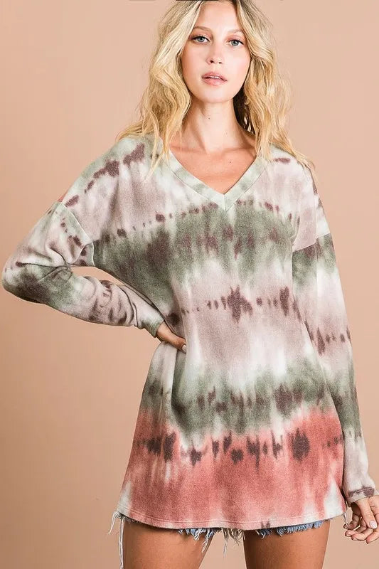 women's bibi brushed tie dye looking print v neck top - styling option