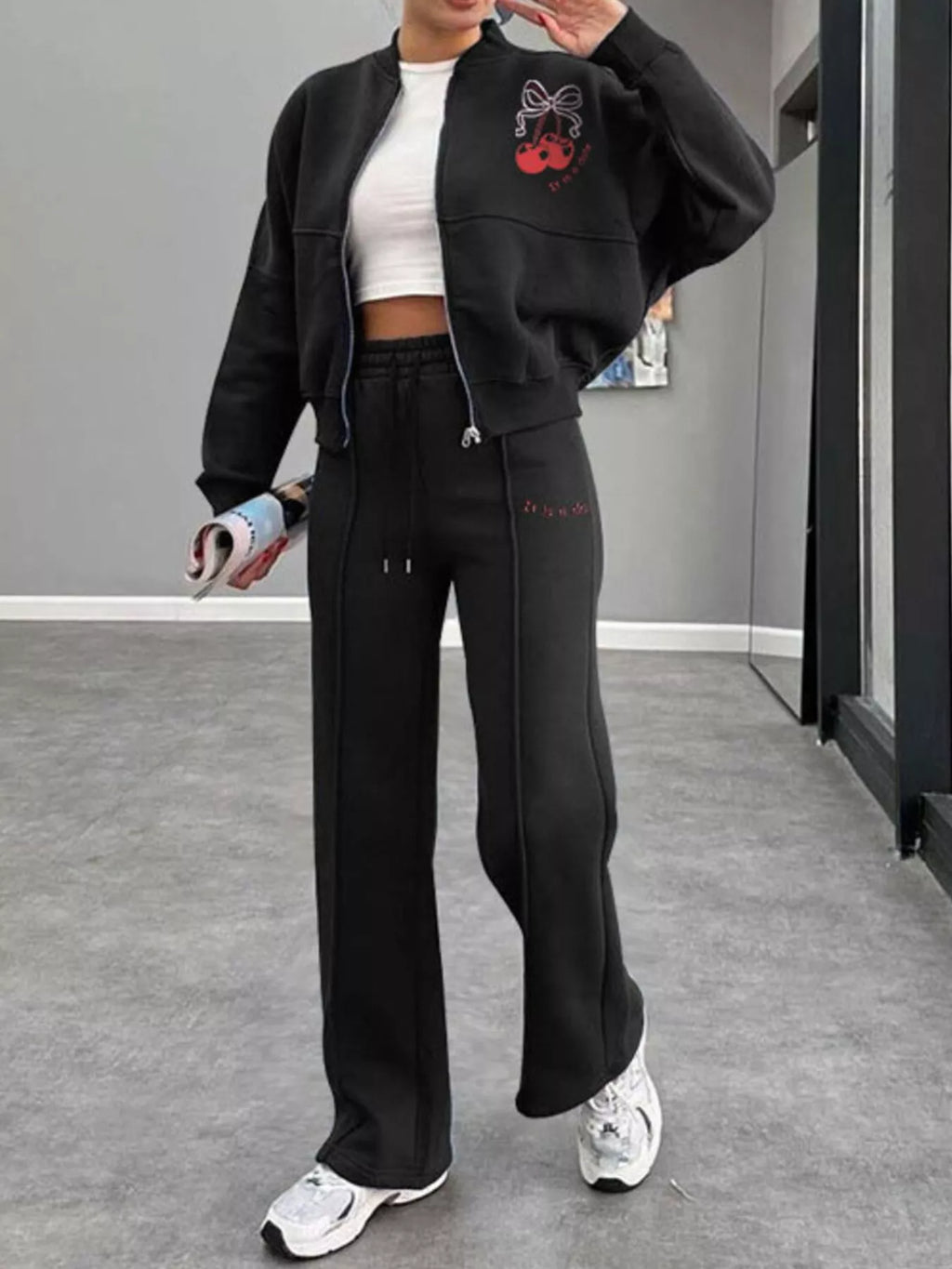 women's zip up dropped shoulder outerwear and pants set - main product image