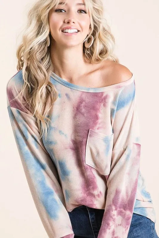 women's bibi tie dye print terry top with front patch pocket - back view