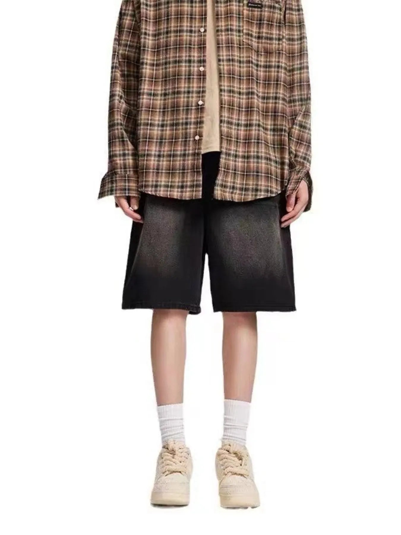 men's men's plus size vintage wash denim shorts - close-up detail