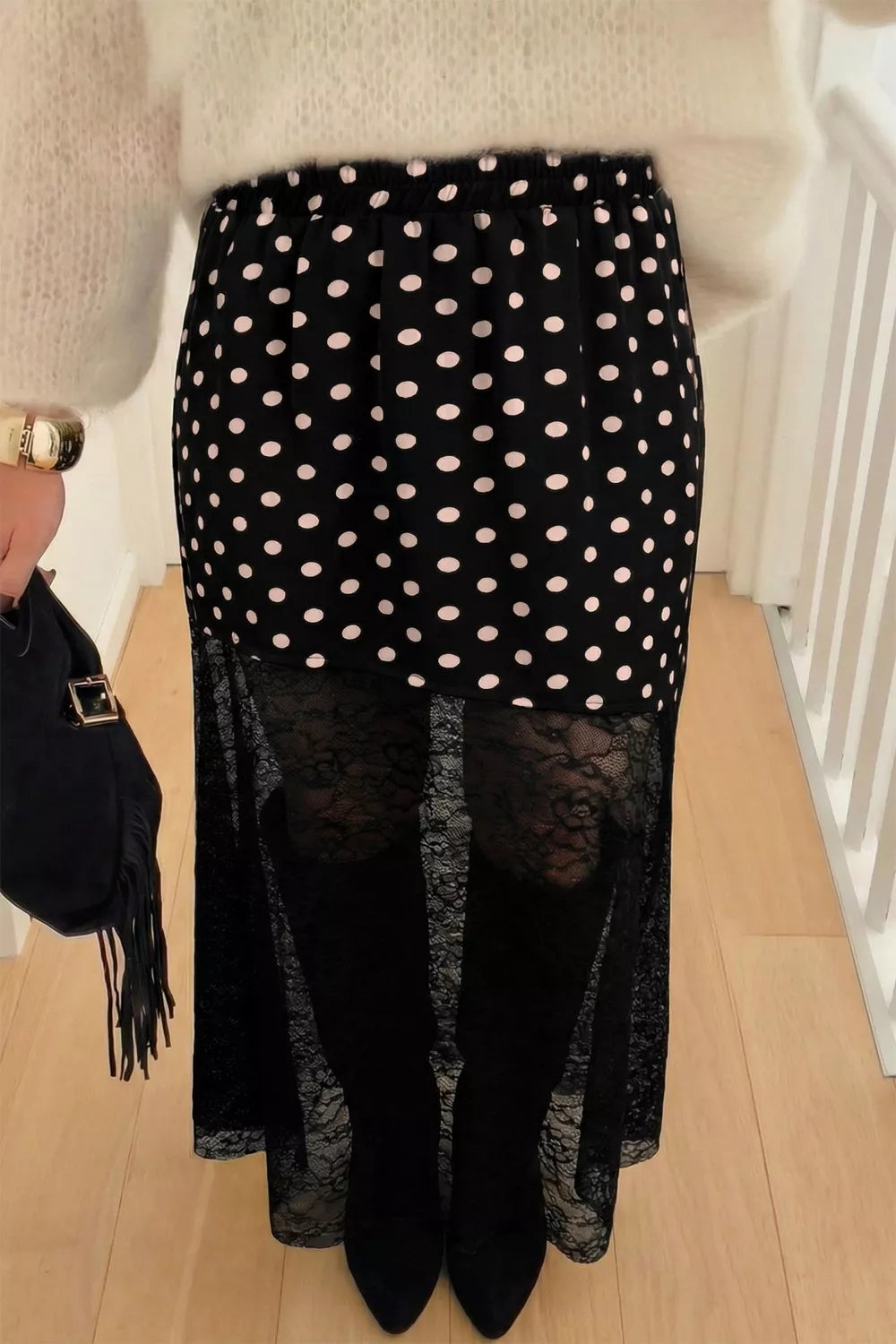 women's polka dot patchwork lace maxi skirt - front view