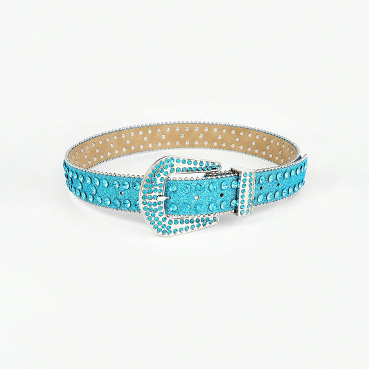 Rhinestone PU Leather Belt Pastel Blue