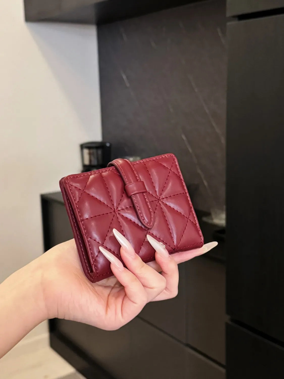 PU Leather Solid Color Card Case Deep Red One Size