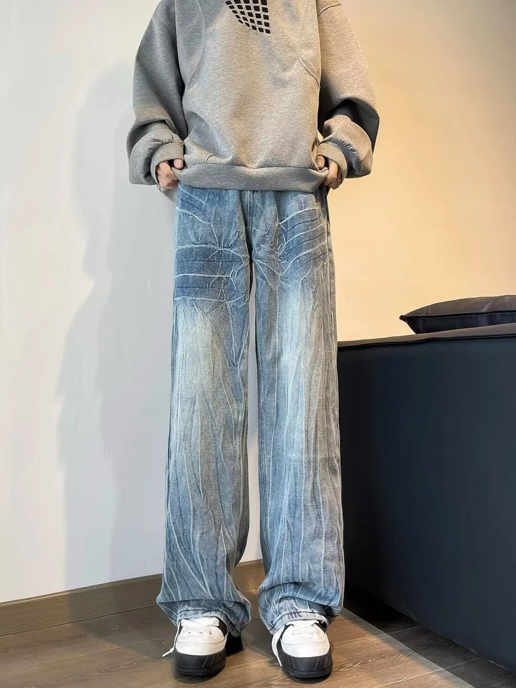 men's men's full size vintage wash wide leg jeans plus size - front view