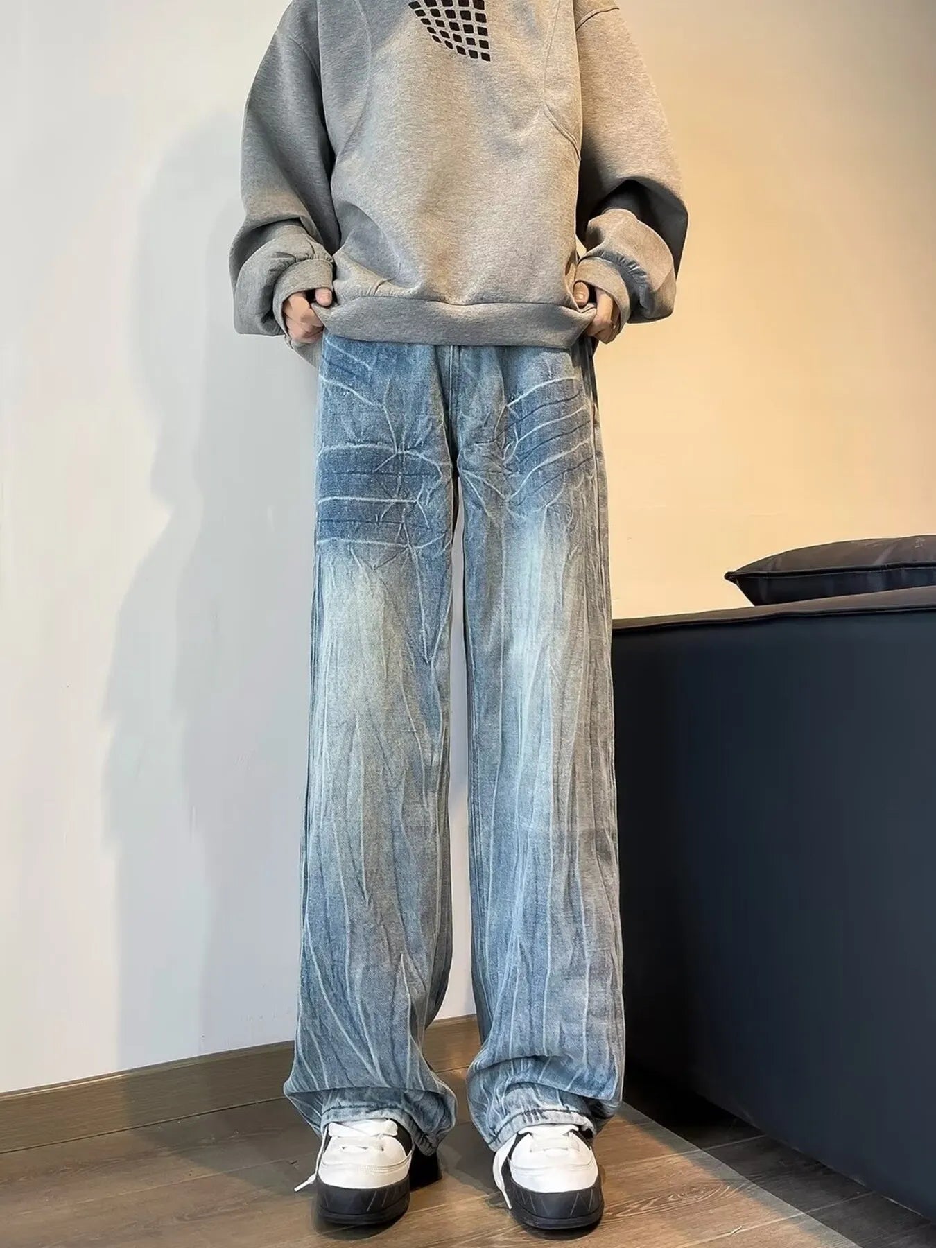 men's men's full size vintage wash wide leg jeans plus size - front view