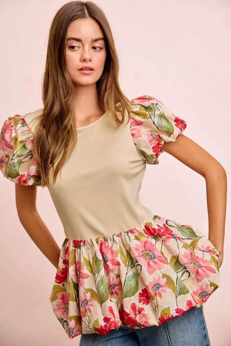 women's bibi floral printed bubble sleeves and hem peplum top - front view