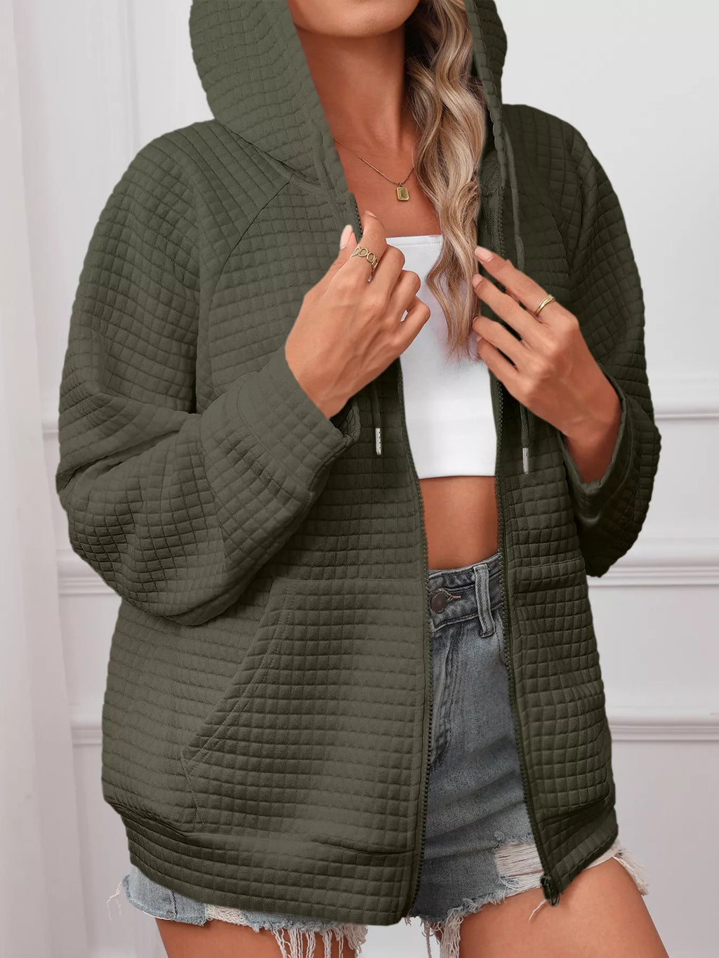 women's full size textured quilted zip-up hooded jacket plus size - additional image