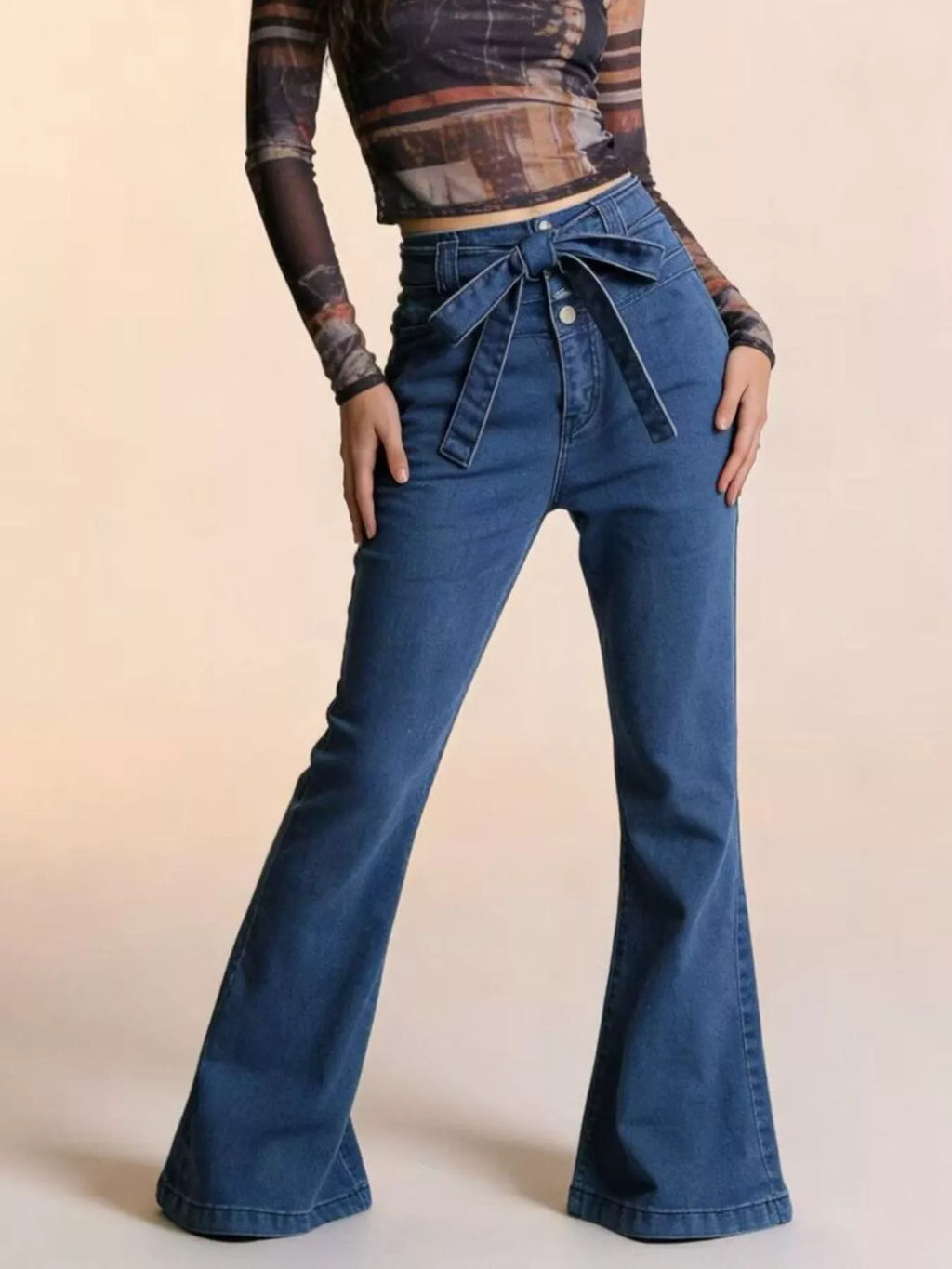 women's bow-tie high-waisted flare jeans - lifestyle shot