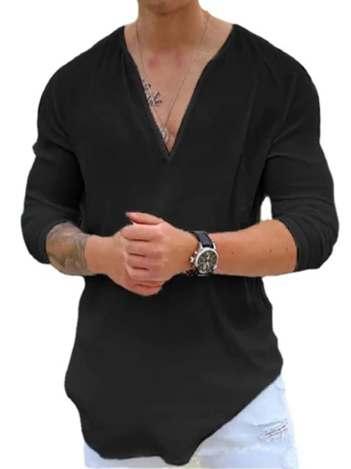 Men's Full Size V-Neck Long Sleeve Top Plus Size