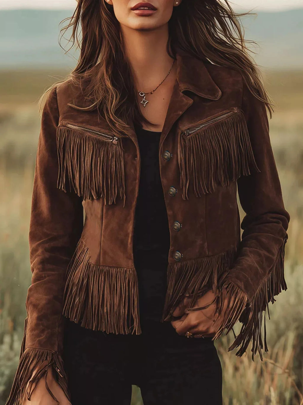 women's suede fringe button up jacket - styled view