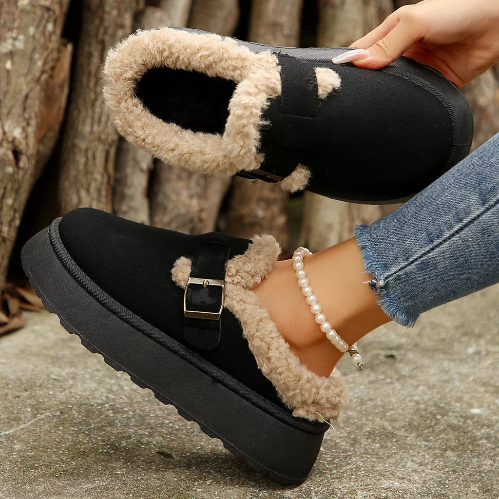 women's fuzzy trim buckle platform slippers - additional image