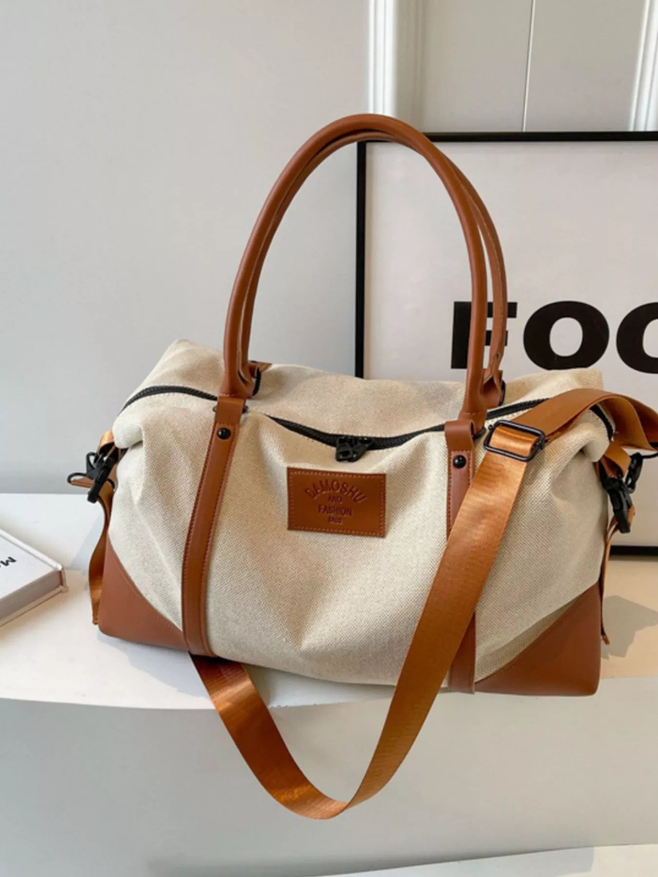 women's canvas leather trim travel  bag - product detail