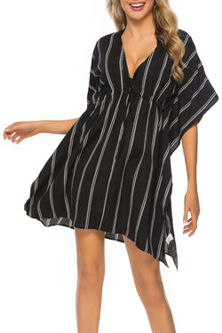 Black striped V-neck cover-up with white vertical stripes and drawstring waist, front view