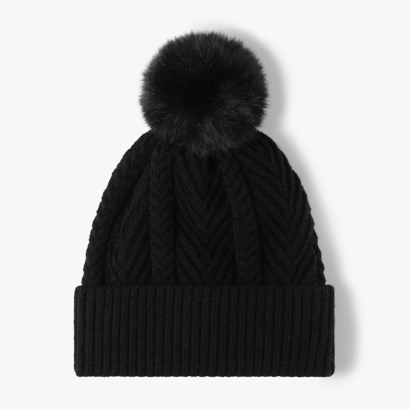 Cable Knit Solid Color Hat with Pompom Black One Size