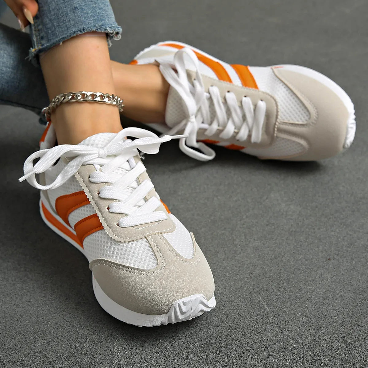 women's striped contrast mesh lace up sneakers - extra view