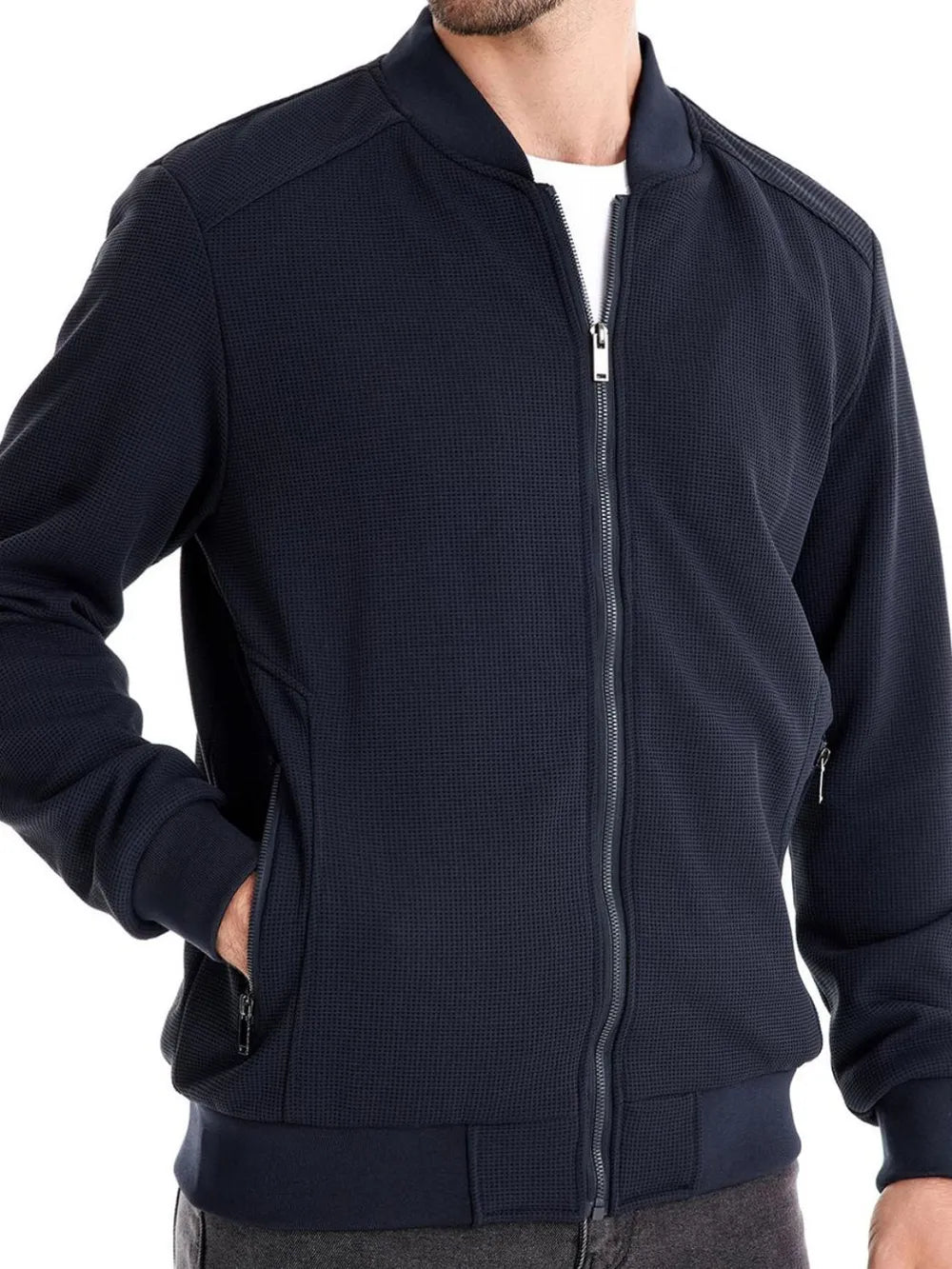 Men's Waffle Knit Baseball Collar Zip Up Jacket Navy