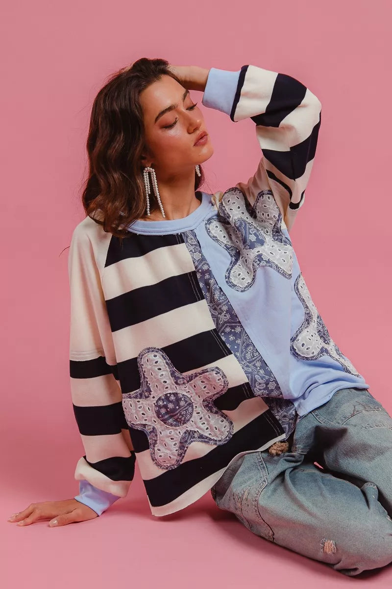 women's bibi patchwork striped round neck sweatshirt - styling option