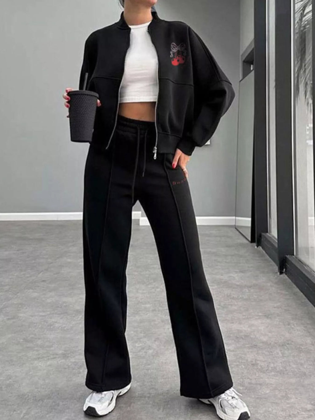 women's zip up dropped shoulder outerwear and pants set - lifestyle shot
