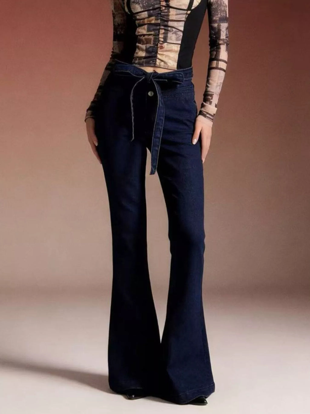 women's bow-tie high-waisted flare jeans - styling option