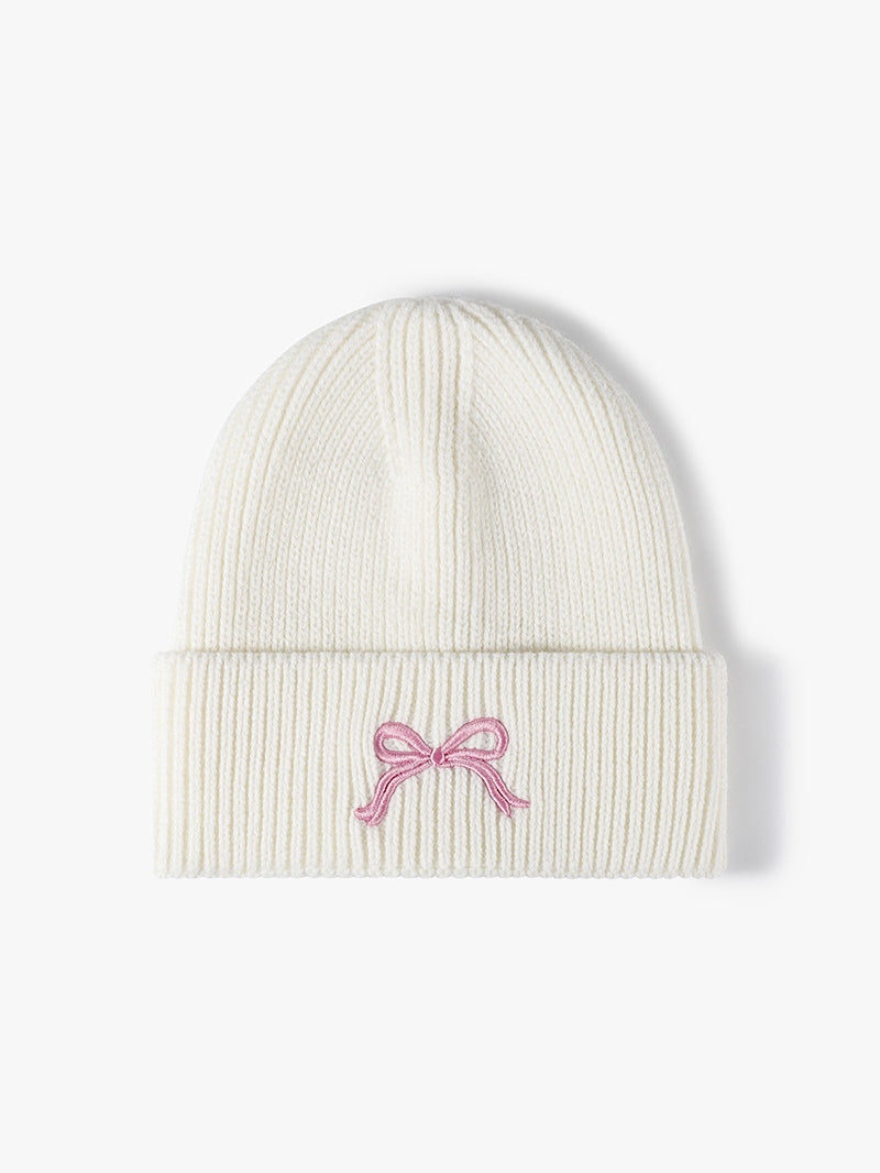 Embroidered Bow Knit Hat White One Size