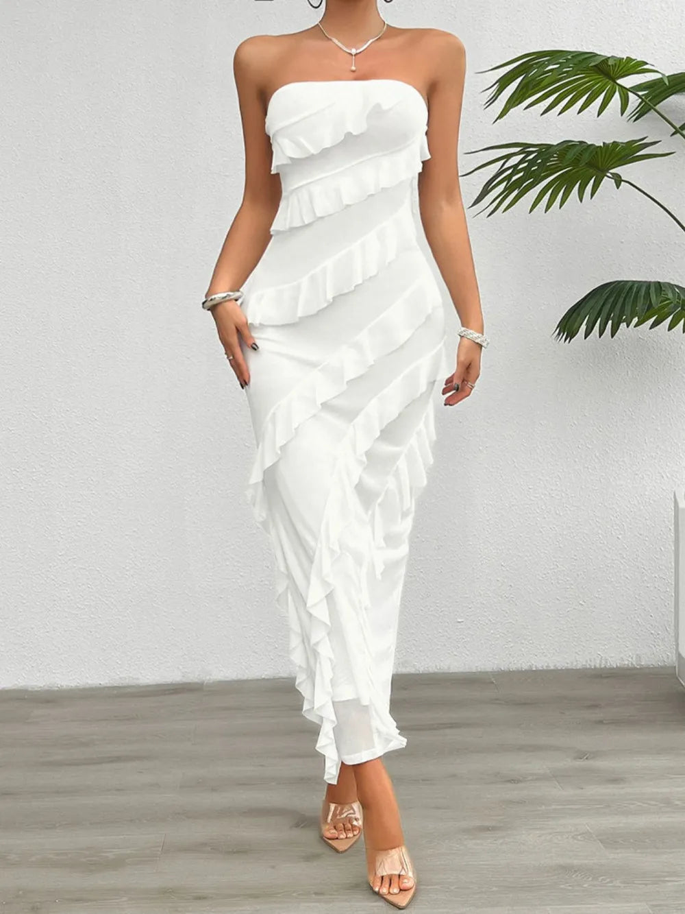 Devine Ruffled Slit Back Tube Maxi Dress White