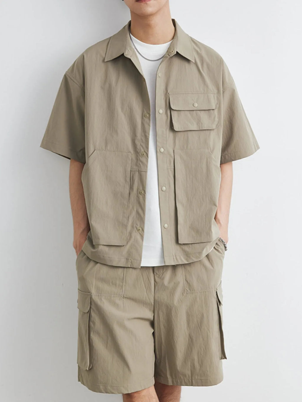 men's men's plus size button up short sleeve shirt and shorts set - back view
