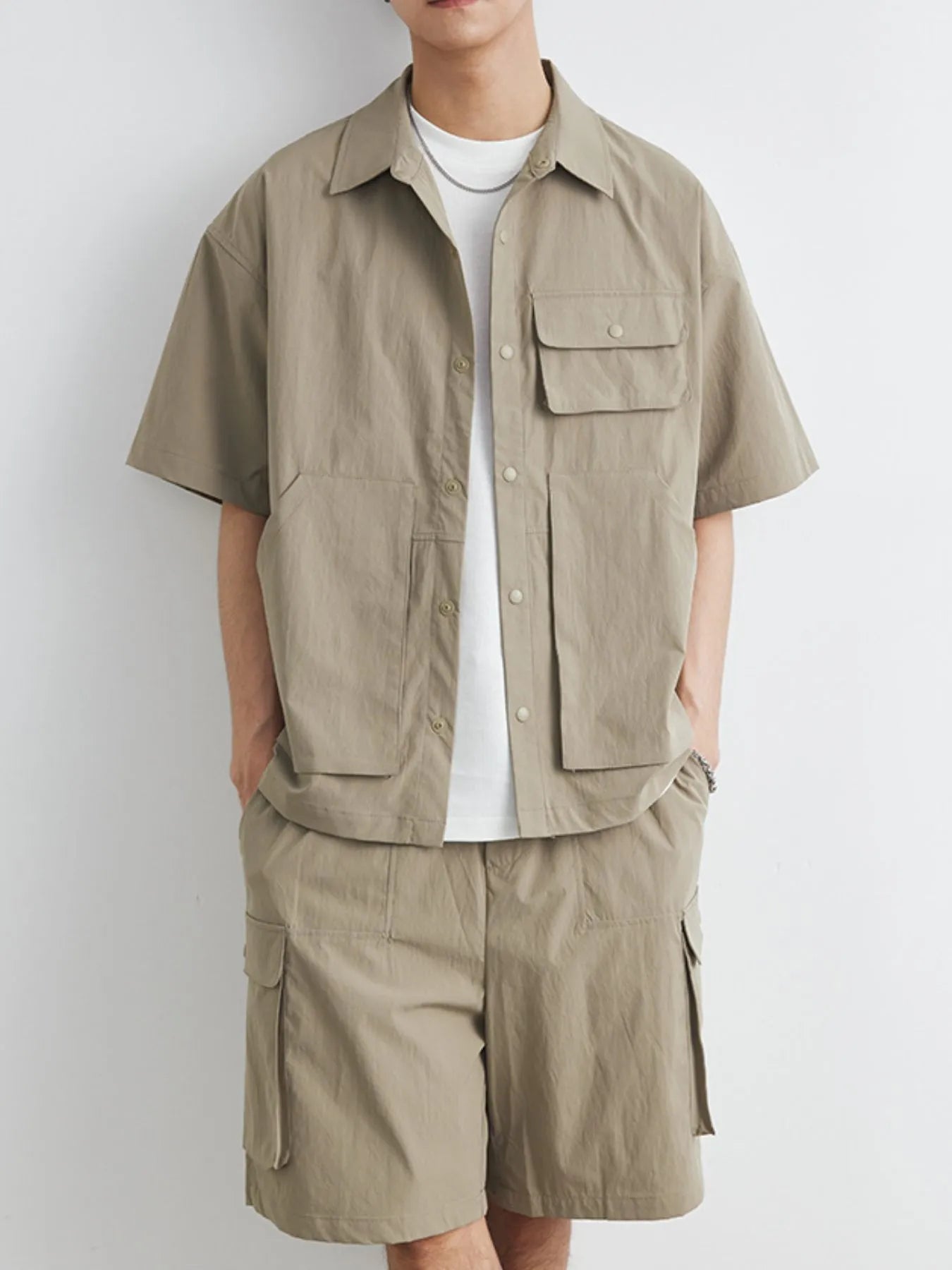 men's men's plus size button up short sleeve shirt and shorts set - back view