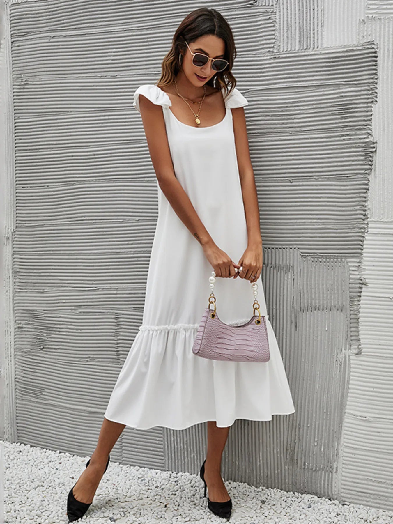 Full Size Ruffled Hem Midi Dress with Cap Sleeves Plus Size White