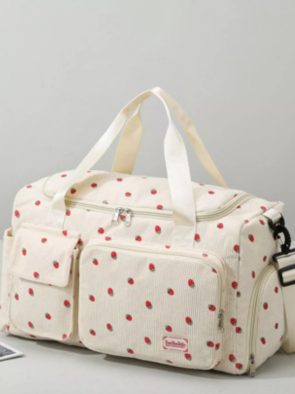 women's strawberry print corduroy travel bag - styling option