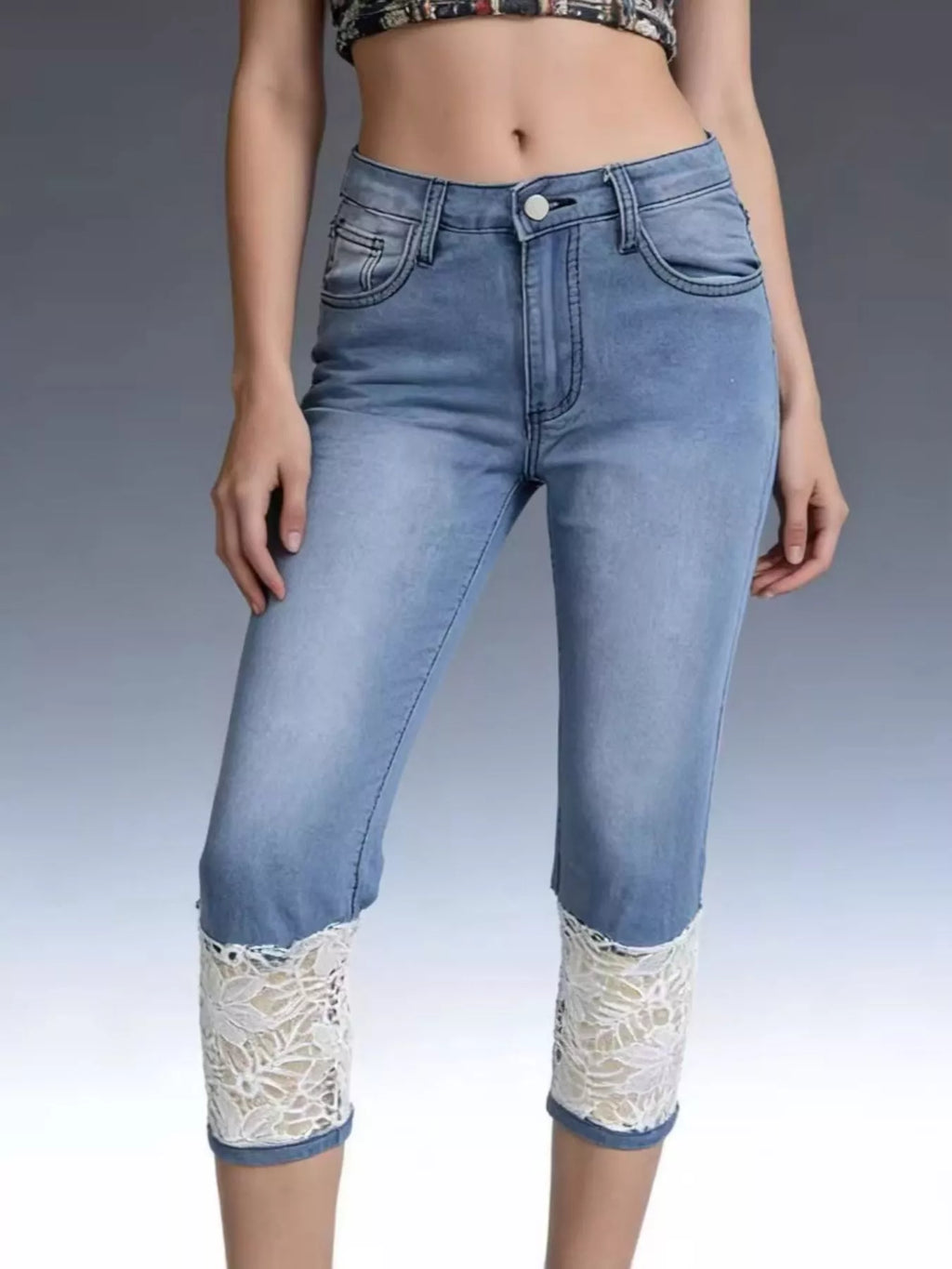 women's full size lace trimmed capri jeans plus size - additional image