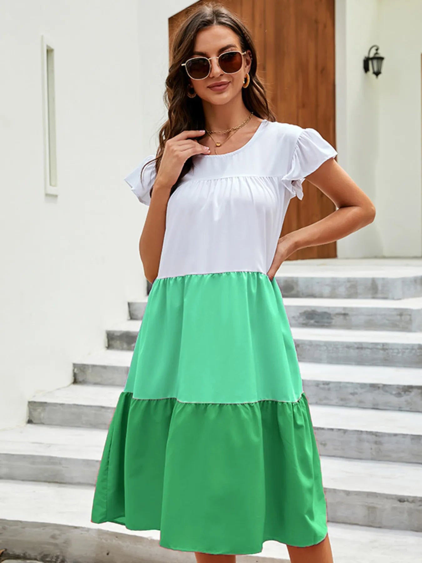 Full Size Color Block Tiered Ruffle Summer Dress Plus Size Green