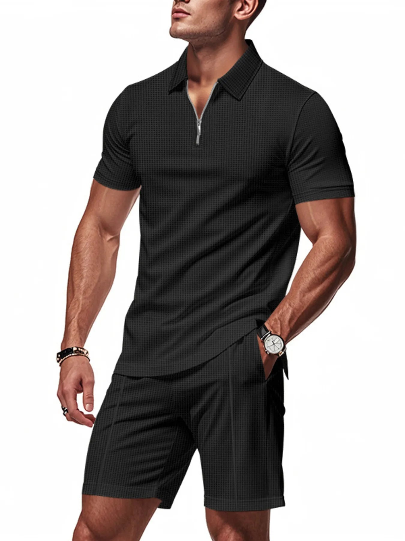 men's men's plus size quarter zip short sleeve top and shorts set - extra view