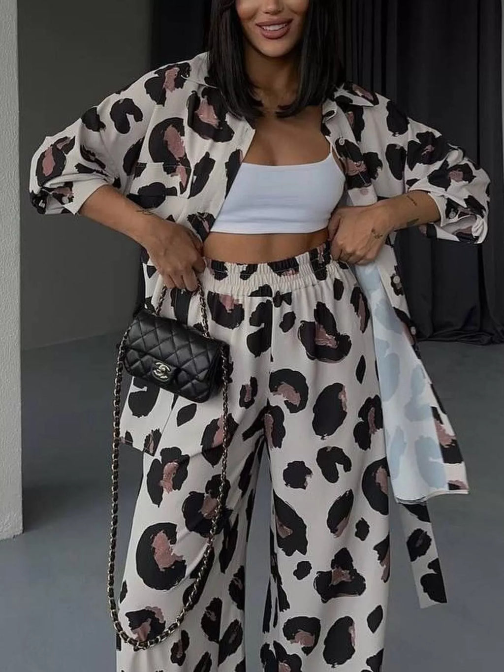 women's leopard print relaxed fit shirt and pants two-piece set - close-up detail