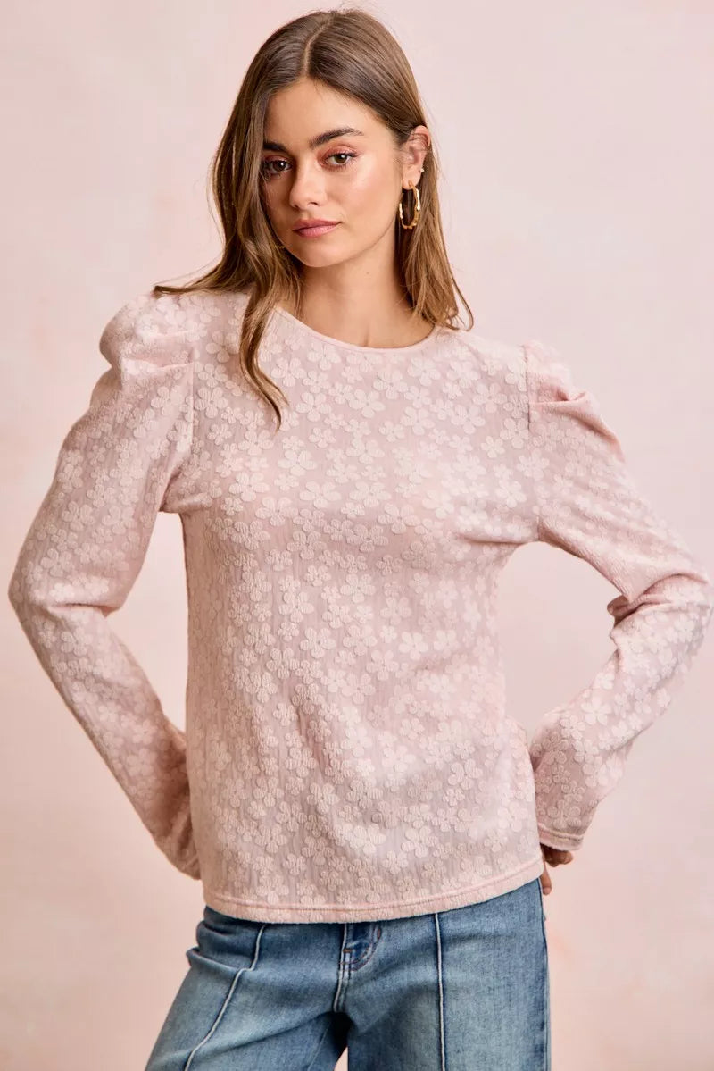 women's bibi textured flower knit puff shoulder top - product detail