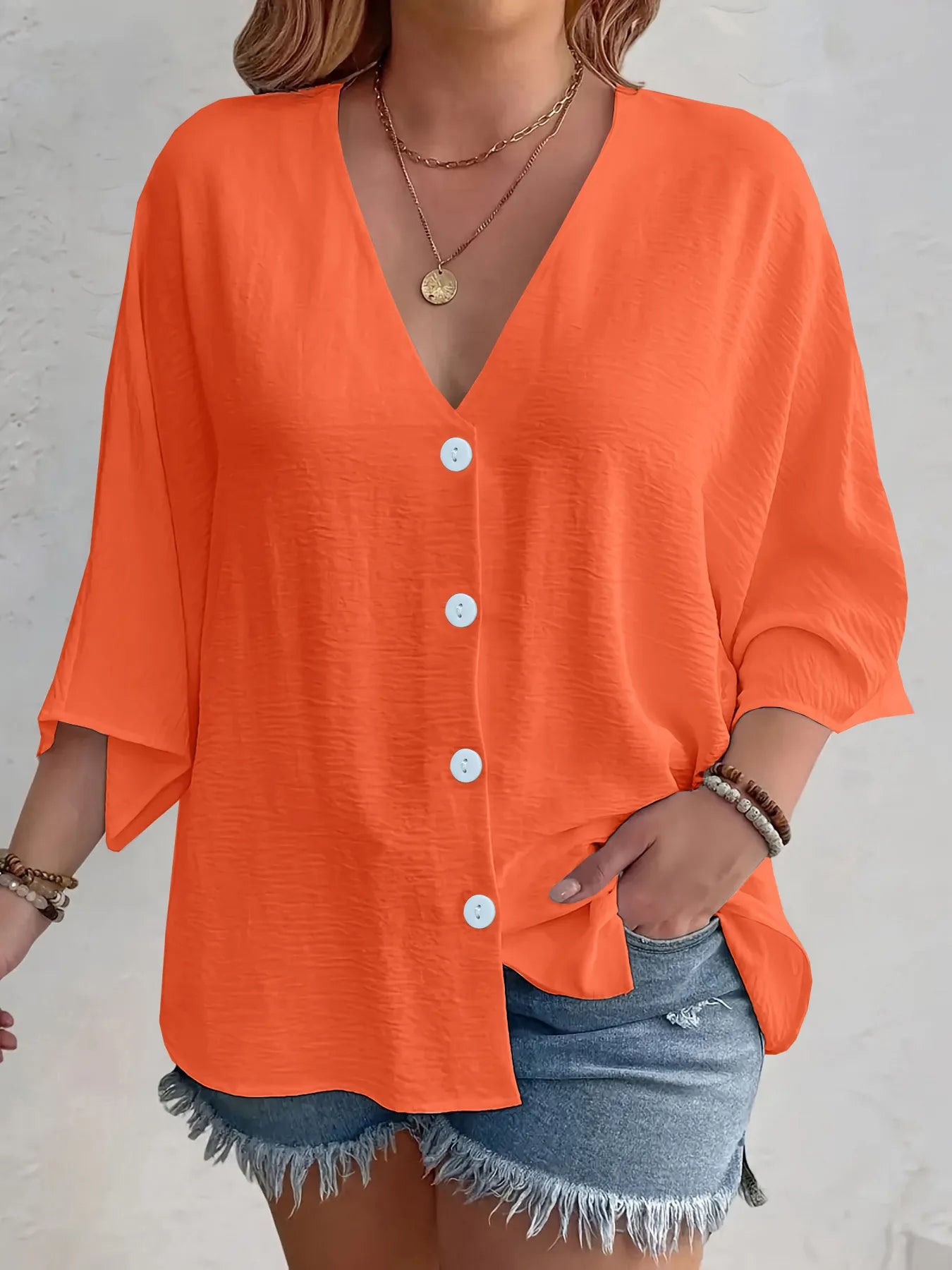 Full Size Casual V-Neck Button Down Relaxed Fit Blouse Plus Size Orange