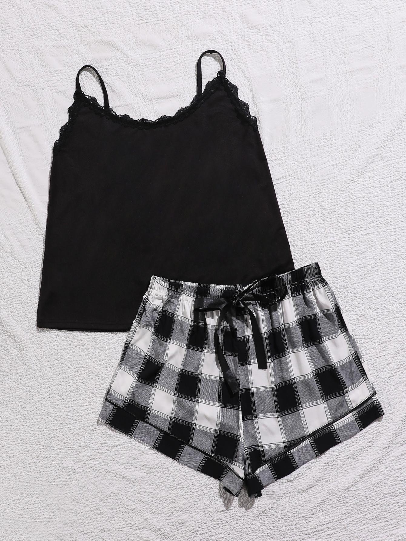 Plus Size Lace Trim Scoop Neck Cami and Printed Shorts Pajama Set Black Plaid