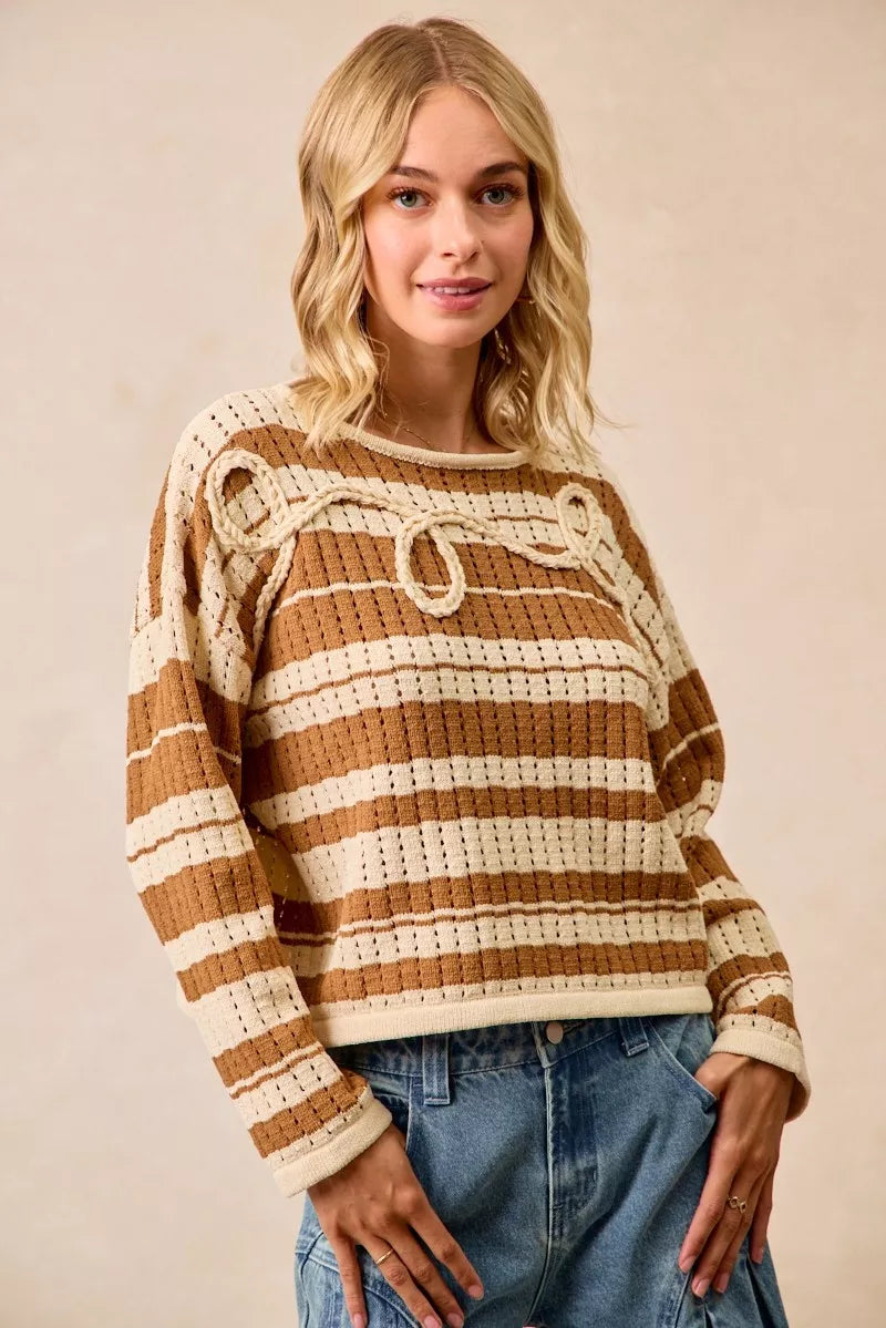 women's bibi striped open knit sweater top with front braided detail - product showcase
