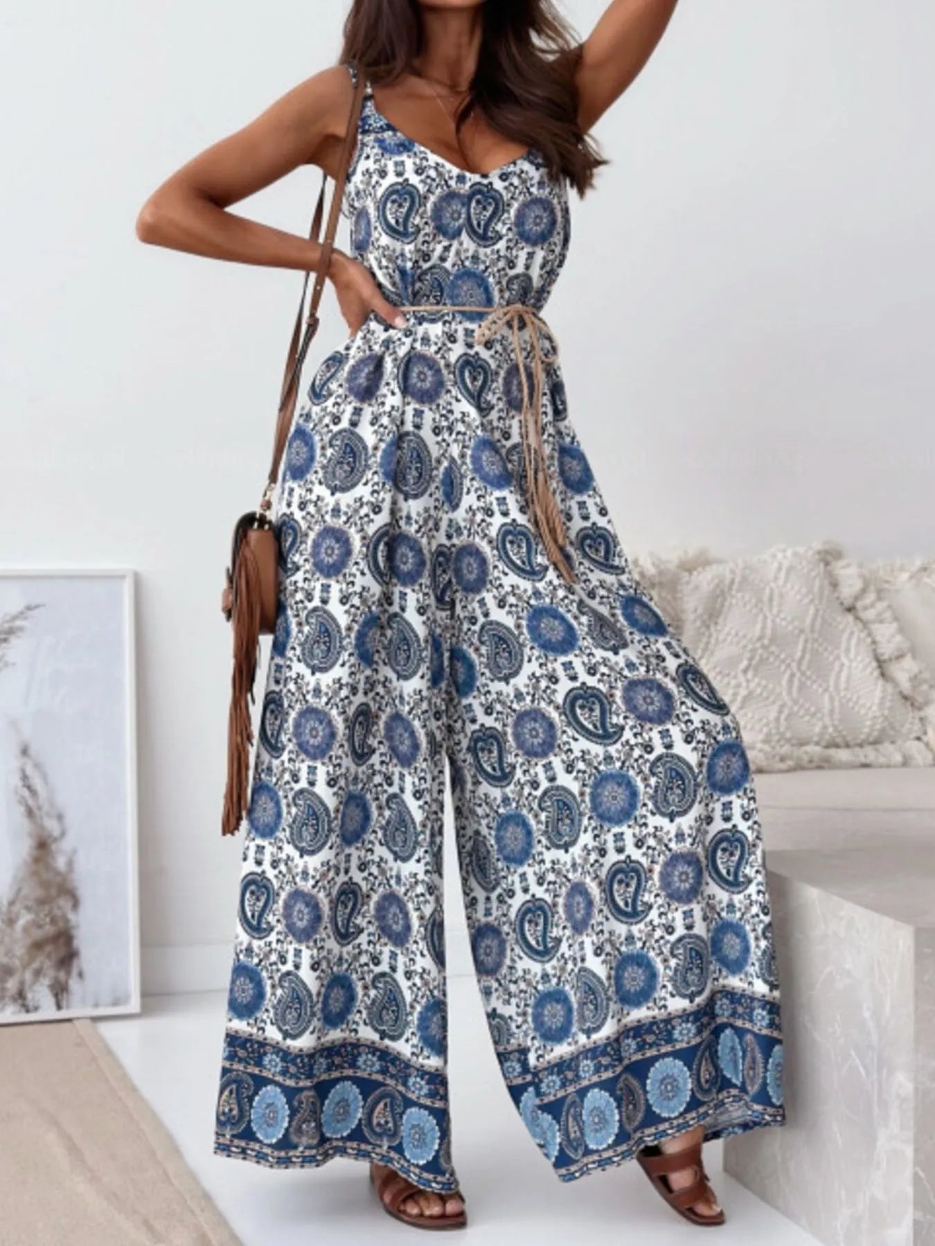 Paisley Print Spaghetti Strap Wide Leg Jumpsuit