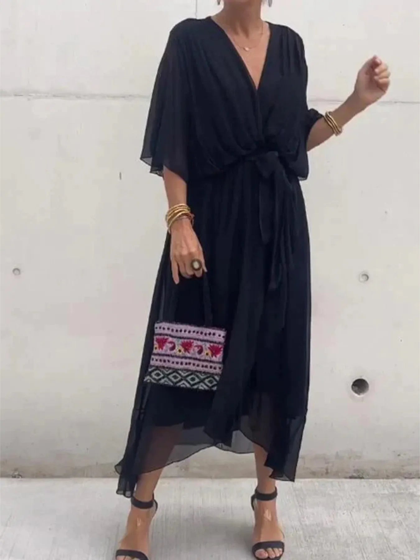 Full Size Flowy Tie Front Midi Dress with Flutter Sleeves Plus Size Black