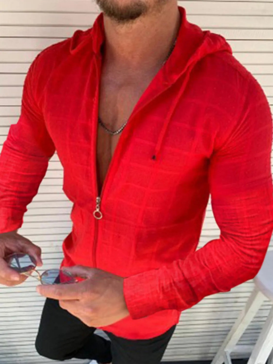 Men's Full Size Zip Up Long Sleeve Hooded Top Plus Size Deep Red