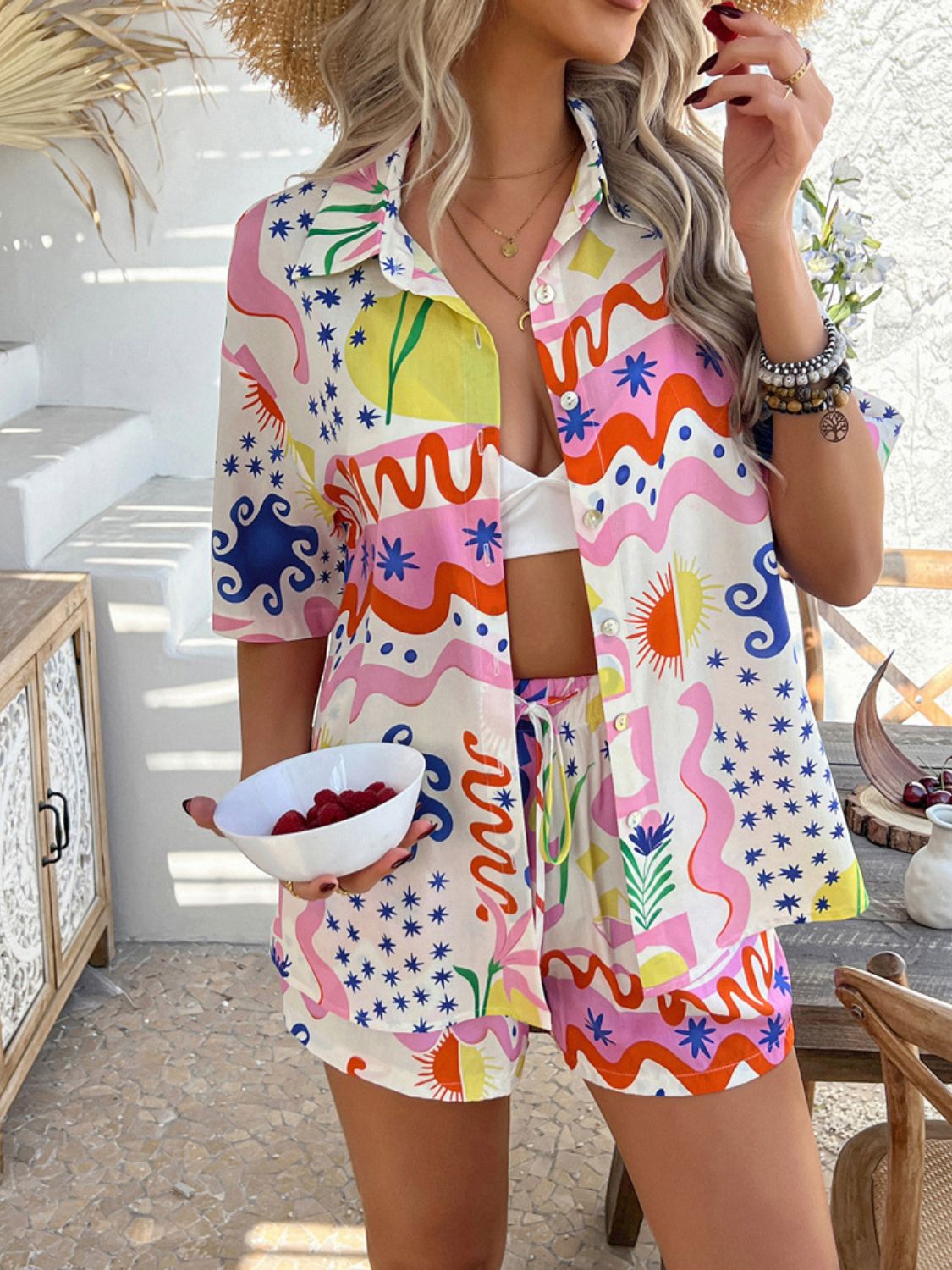 Devine Printed Button Down Shirt and Shorts Set