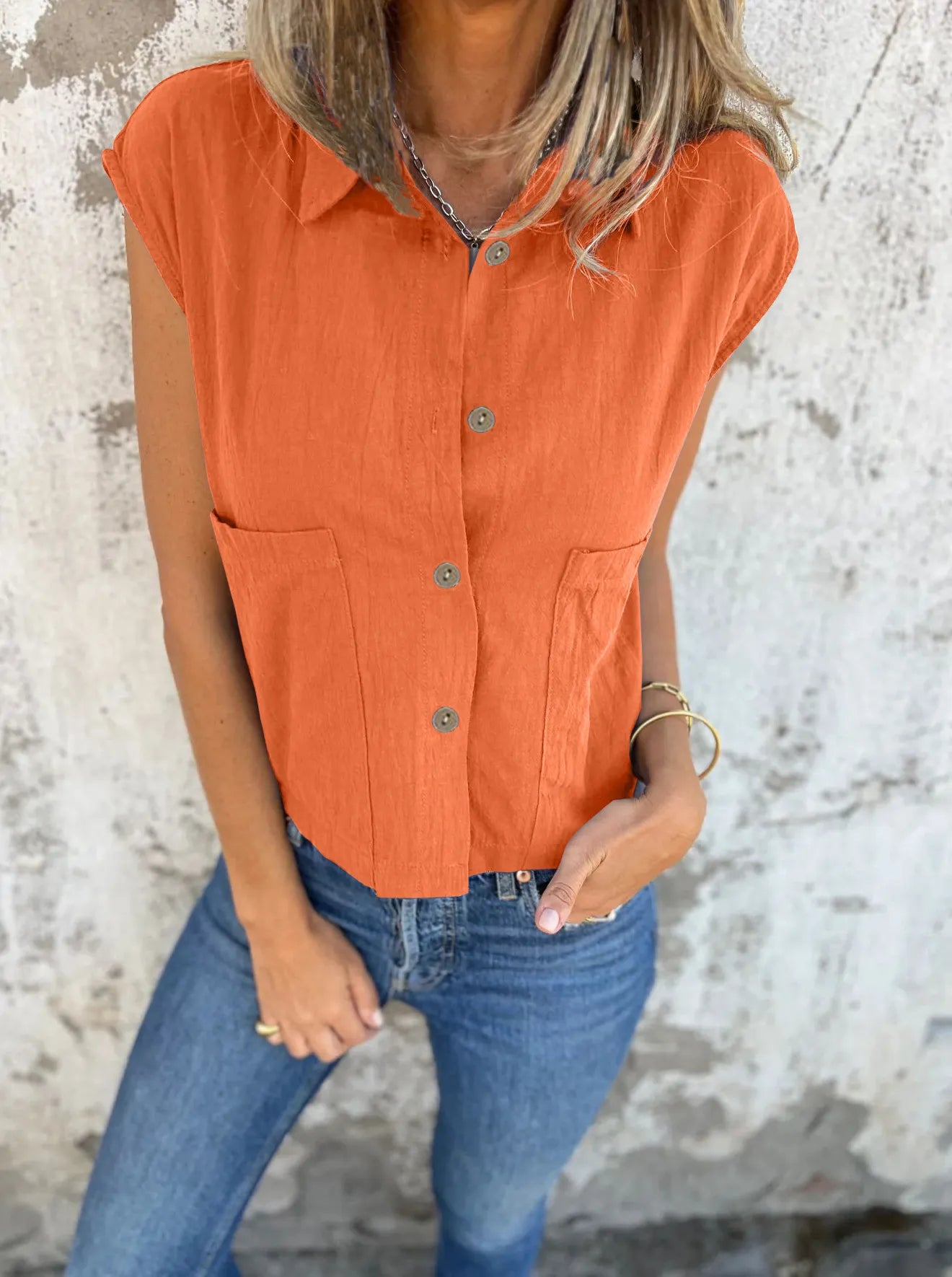 Full Size Button Down Cap Sleeve Linen Shirt Plus Size Orange