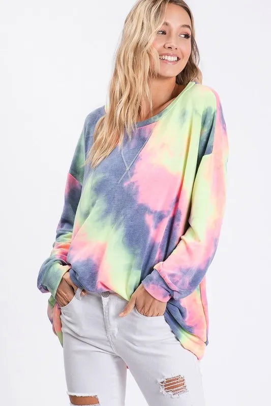 women's bibi tie dye french terry print top - detail shot