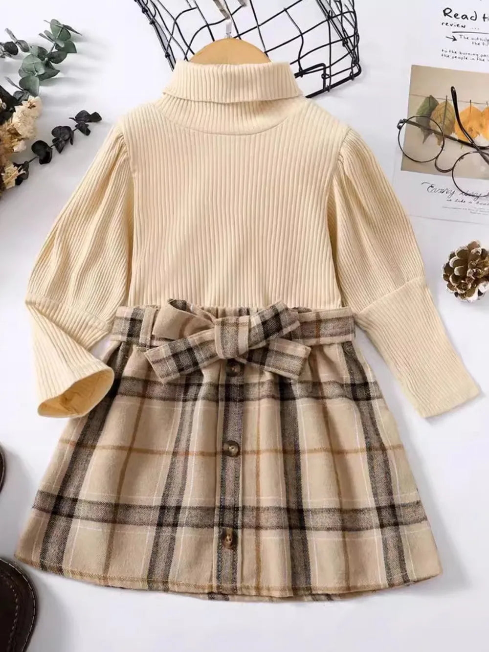 Turtleneck Long Sleeve Top and Skirt Set Tan