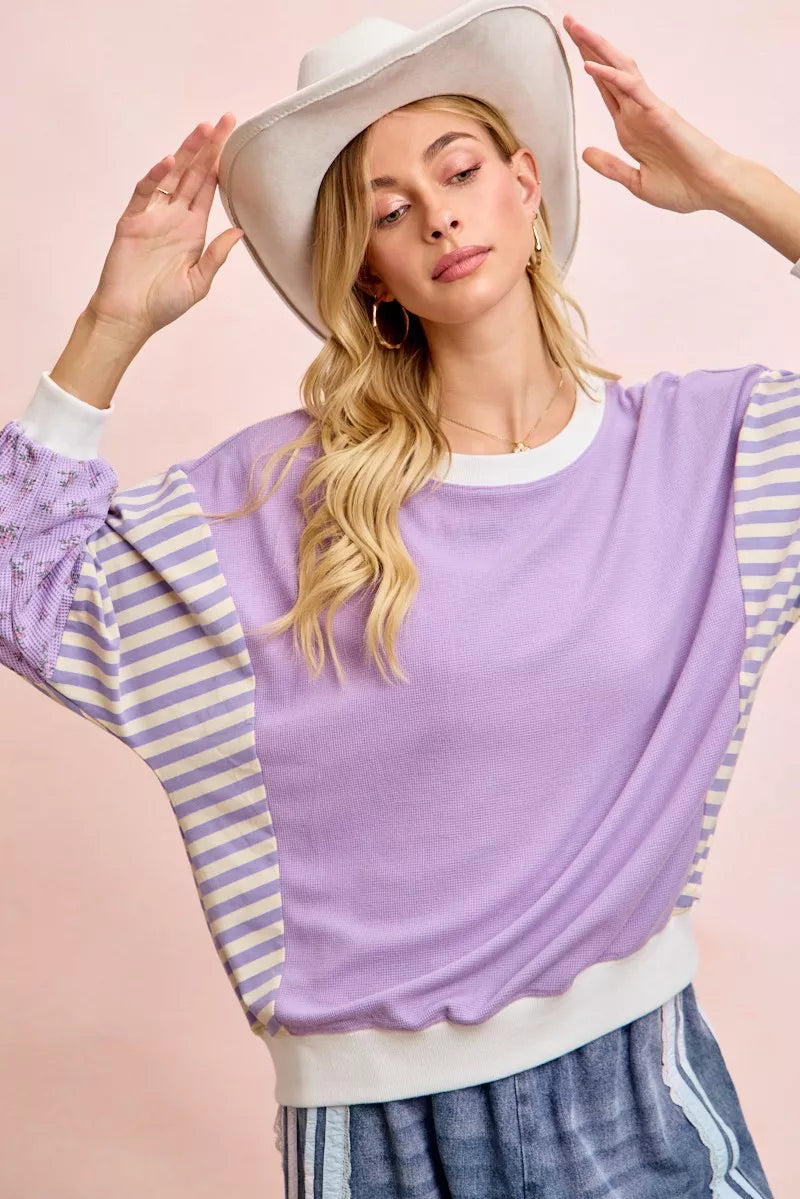 women's bibi mix and match sweatshirt with floral sleeve striped - additional image