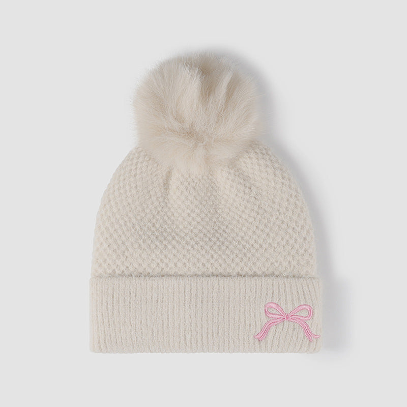 Thermal Bow Knit Hat with Pompom Beige One Size