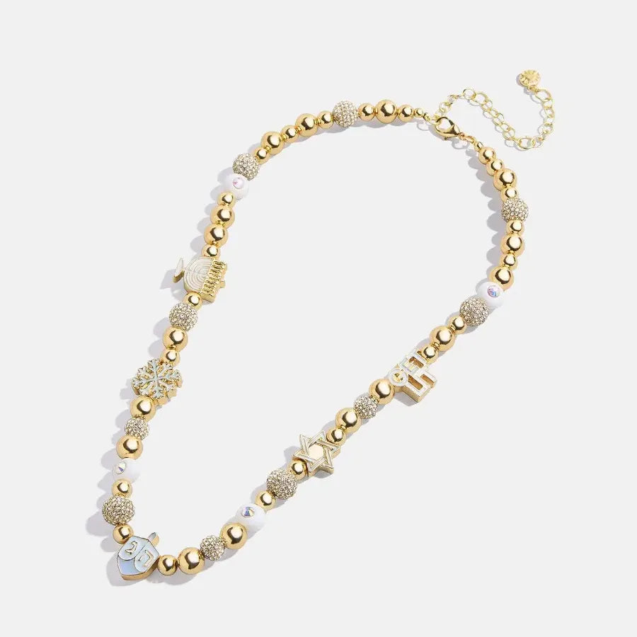 rhinestone 14k gold-plated beaded necklace shown as women’s apparel